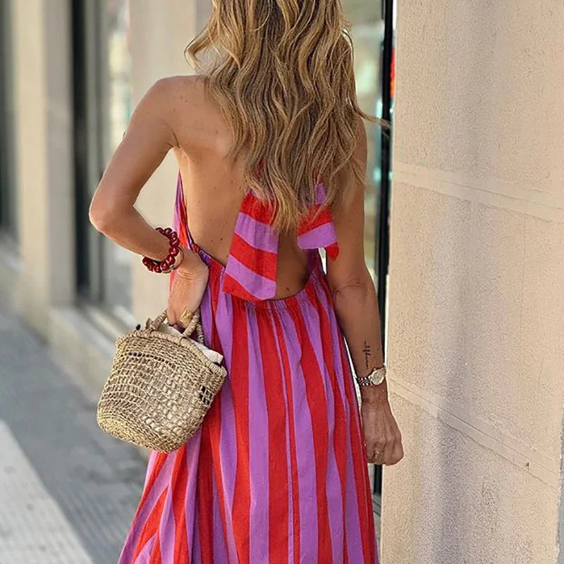Hollowed Out Lace Up Backless Party Dress Lady Fashion Halter Holiday Dress Casual Pattern Printed Sleeveless Long Dress