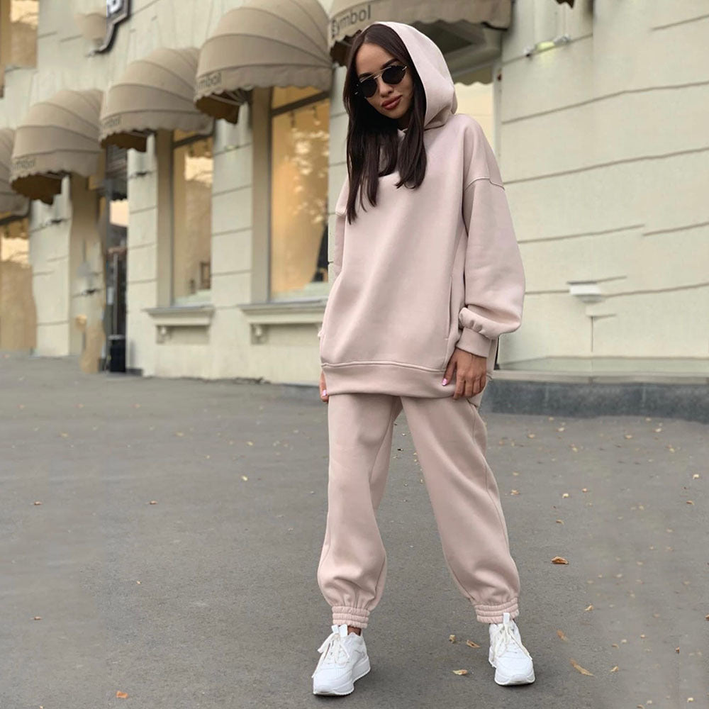 Cozy Women's Fashion Solid Color Hooded Sweater And Pants Suit