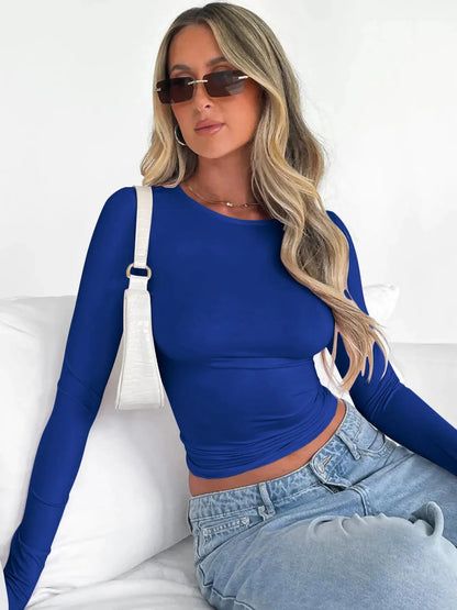 Plain Long Sleeve Cropped Tee ✨ Casual round Neck Crop Top for Ladies 💁‍♀️ Perfect for Music Festivals 🎶 #WomensFashion #CropTop #MusicFestivalStyle