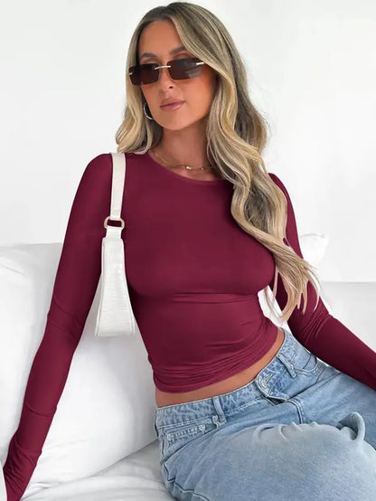 Plain Long Sleeve Cropped Tee ✨ Casual round Neck Crop Top for Ladies 💁‍♀️ Perfect for Music Festivals 🎶 #WomensFashion #CropTop #MusicFestivalStyle