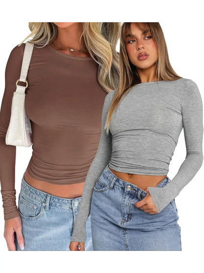 Plain Long Sleeve Cropped Tee ✨ Casual round Neck Crop Top for Ladies 💁‍♀️ Perfect for Music Festivals 🎶 #WomensFashion #CropTop #MusicFestivalStyle