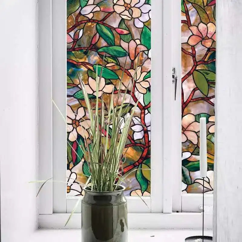 Window Privacy Film Magnolia Window Film Stickers Non Adhesive Static Cling Glass Stickers Sun UV Blocking Heat