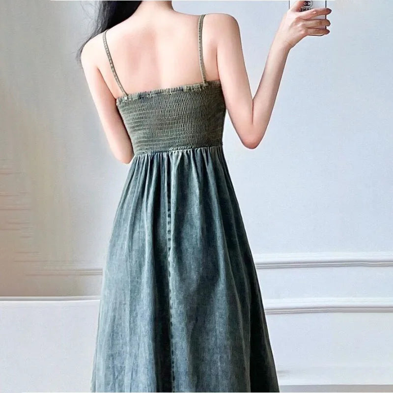 Vintage Denim Long Dress - Women's Slimming Backless Sling Dress