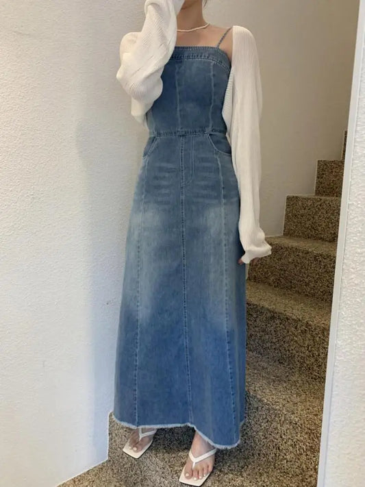 Vintage Sexy Club Slip Denim Dress - High Waist A-line Jean Dress with Pockets