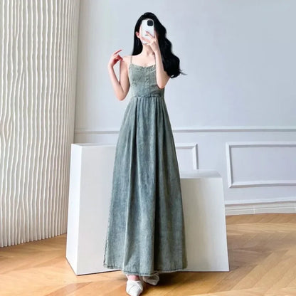 Vintage Denim Long Dress - Women's Slimming Backless Sling Dress