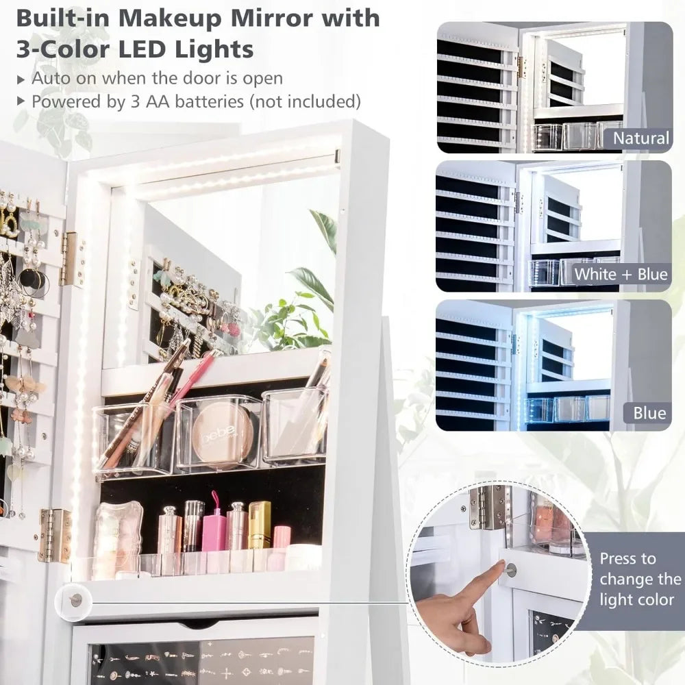 Elegant Jewelry Armoire with Full-Length Mirror – 360° Swivel, Rear Storage Shelves, Lockable with Interior Vanity Mirror