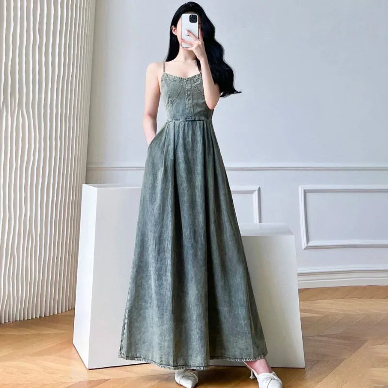 Vintage Denim Long Dress - Women's Slimming Backless Sling Dress