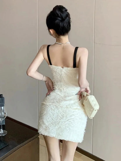 Elegant French Style Vintage Party Dress – Woman Sexy Sleeveless Bowknot Tassel Patchwork Backless Slim Dress