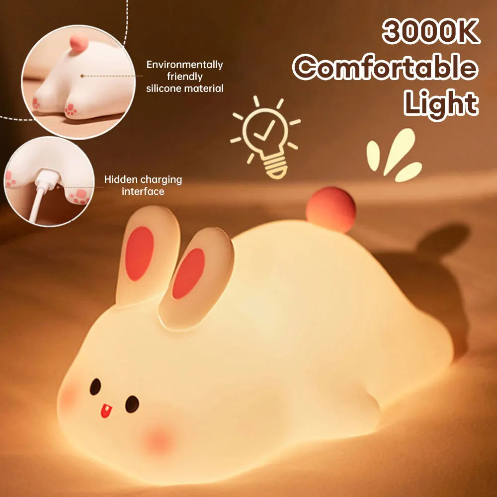 Cute Rabbit Silicone Night Lamp - Touch Sensor, Big Face Rabbit Pat Light with Timer, USB Rechargeable - Perfect Kids' Gift