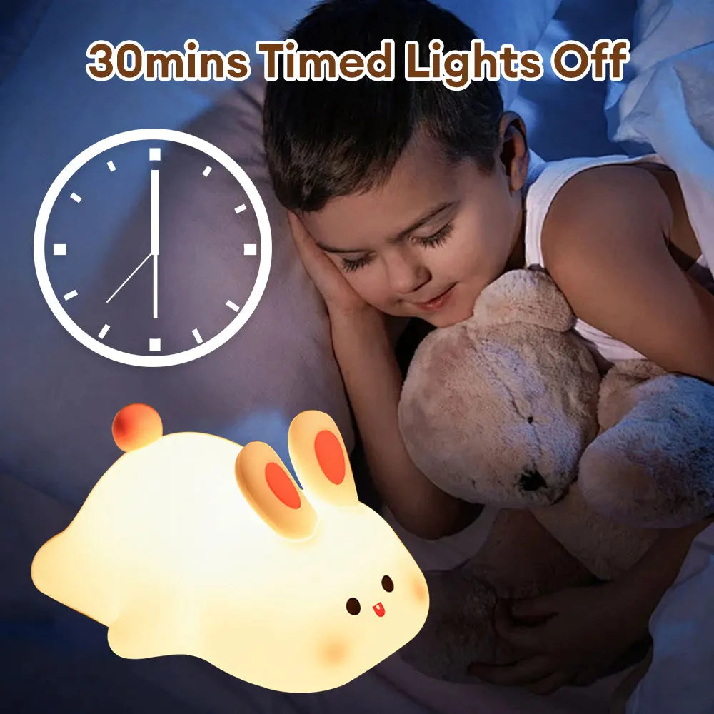 Cute Rabbit Silicone Night Lamp - Touch Sensor, Big Face Rabbit Pat Light with Timer, USB Rechargeable - Perfect Kids' Gift