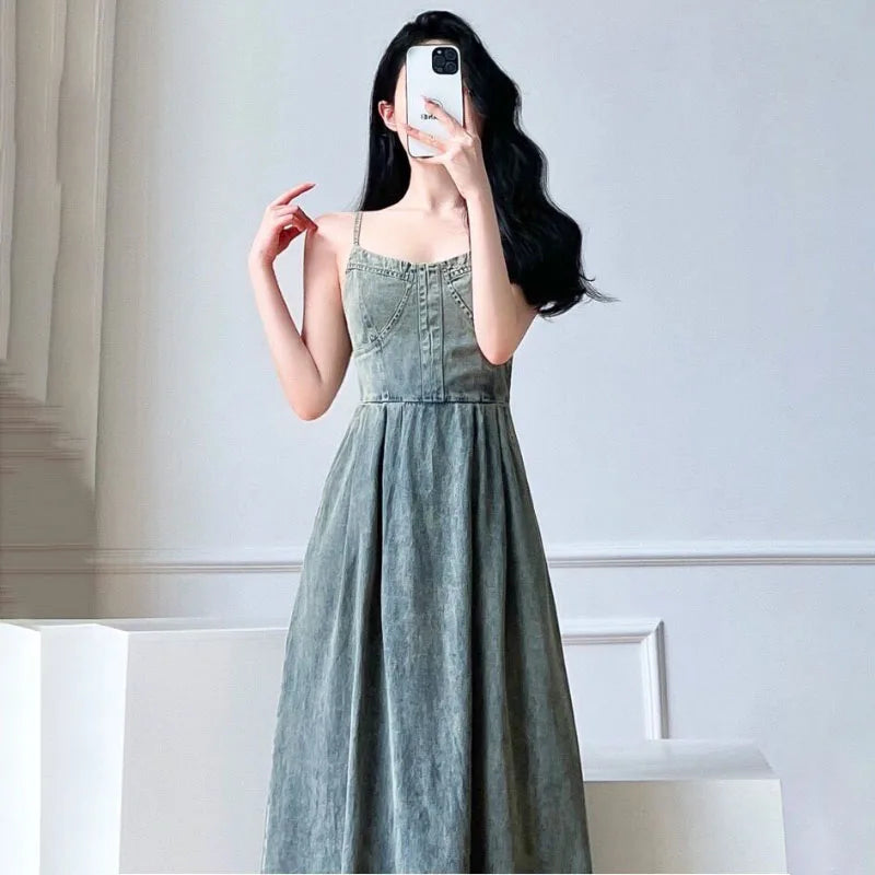 Vintage Denim Long Dress - Women's Slimming Backless Sling Dress