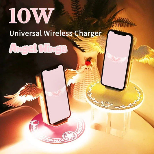 10W Universal Wireless Charger with LED Angel Wings – Stylish & Fast Charging for iPhone, Huawei, Samsung