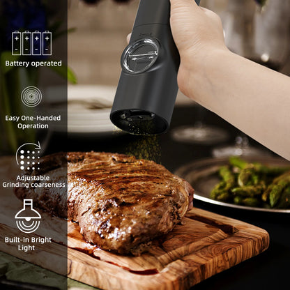 Electric Automatic Mill Pepper and Salt Grinder Set – Battery-Powered with LED Light, Adjustable Coarseness, and Stylish Base