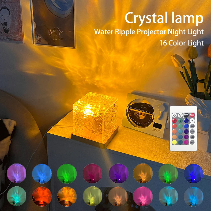 Dynamic Rotating Water Ripple Projector Night Light – 3/16 Colors Flame Crystal Lamp for Living Room, Bedroom, and Study