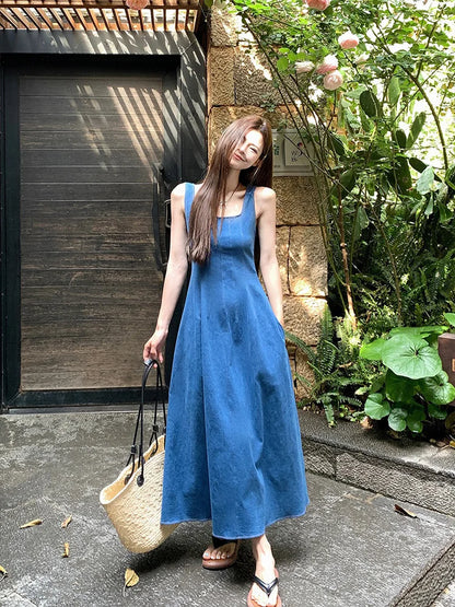 Elegant Women's Denim Dress - Sleeveless A-Line Maxi, Square Collar, Versatile Summer Jeans Dress