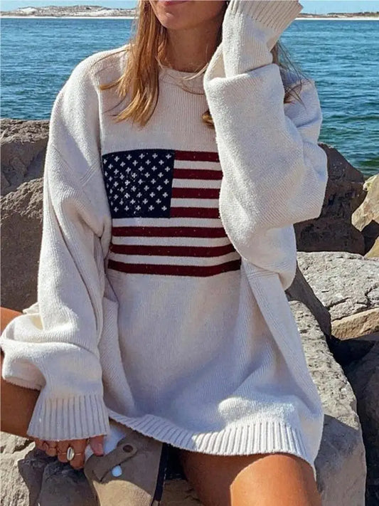 Vintage-Inspired Women's Flag Pattern Sweaters - Loose, Warm, Long Sleeve Knitwear for Casual Streetwear