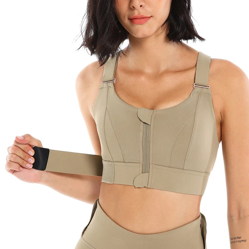 Women’s Front-Zip Adjustable Sports Bra – Shockproof, Plus Size, and Built for Performance