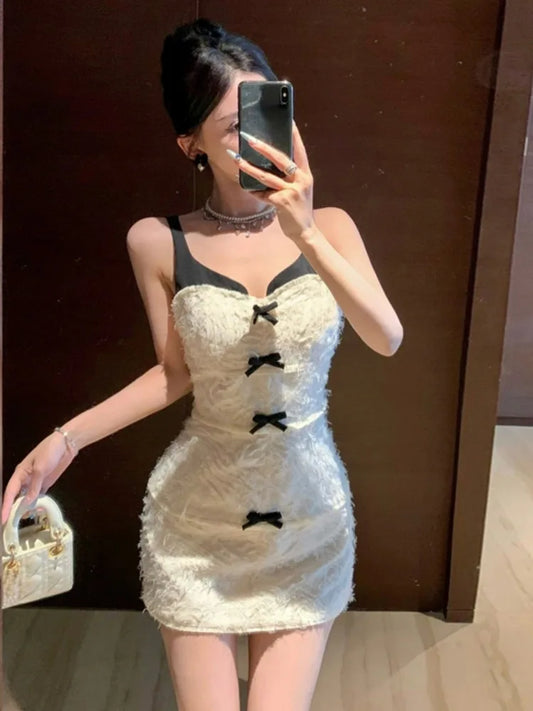 Elegant French Style Vintage Party Dress – Woman Sexy Sleeveless Bowknot Tassel Patchwork Backless Slim Dress