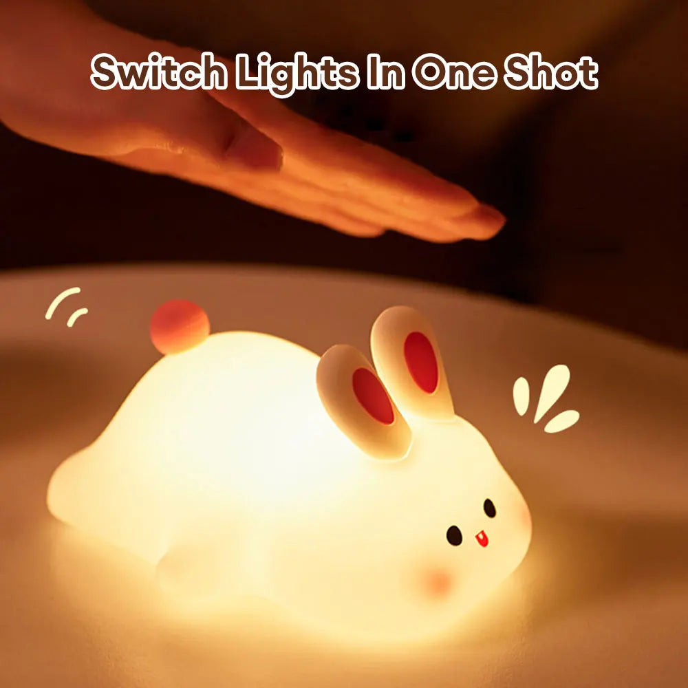 Cute Rabbit Silicone Night Lamp - Touch Sensor, Big Face Rabbit Pat Light with Timer, USB Rechargeable - Perfect Kids' Gift