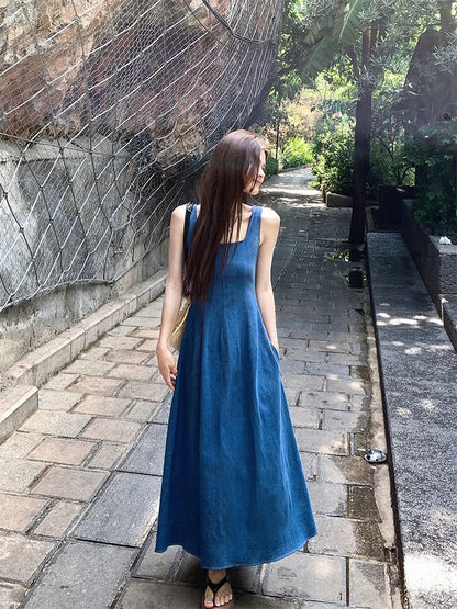 Elegant Women's Denim Dress - Sleeveless A-Line Maxi, Square Collar, Versatile Summer Jeans Dress