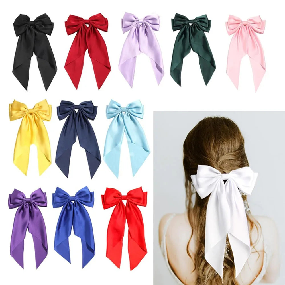 Chic Large Bow Long Ribbon Hair Clip | Stylish Satin Hairpin Barrette for Women & Girls