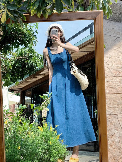 Elegant Women's Denim Dress - Sleeveless A-Line Maxi, Square Collar, Versatile Summer Jeans Dress