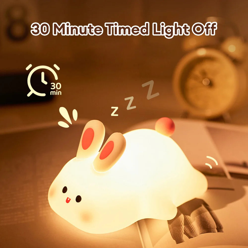 Cute Rabbit Silicone Night Lamp - Touch Sensor, Big Face Rabbit Pat Light with Timer, USB Rechargeable - Perfect Kids' Gift