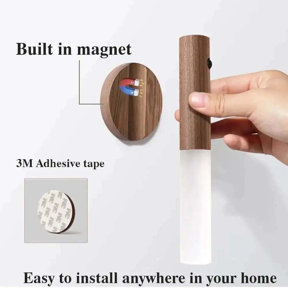 Rechargeable PIR Motion Sensor LED Night Light – Magnetic Wood Wall Lamp for Kitchen, Cabinet & Home