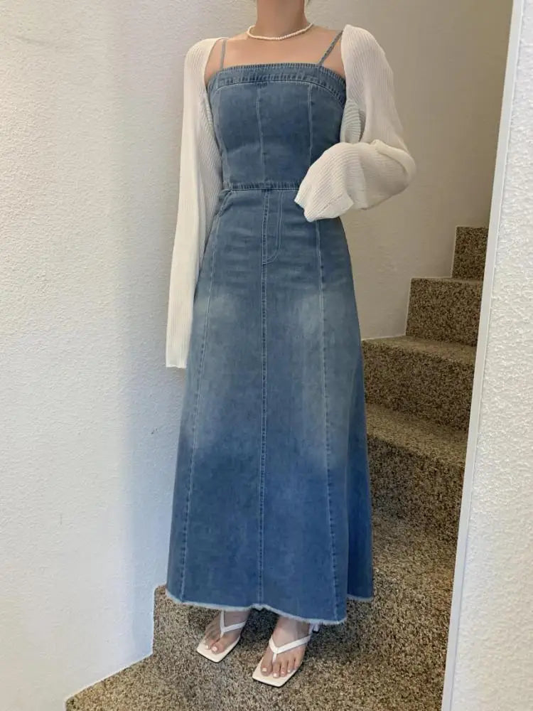 Vintage Sexy Club Slip Denim Dress - High Waist A-line Jean Dress with Pockets