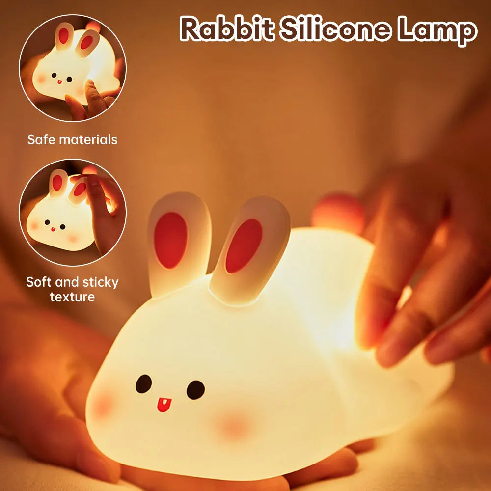 Cute Rabbit Silicone Night Lamp - Touch Sensor, Big Face Rabbit Pat Light with Timer, USB Rechargeable - Perfect Kids' Gift