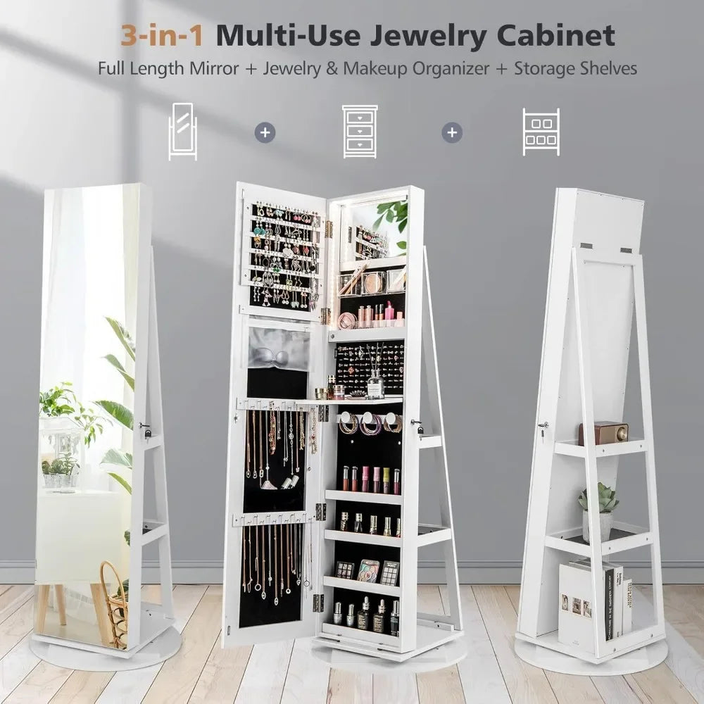 Elegant Jewelry Armoire with Full-Length Mirror – 360° Swivel, Rear Storage Shelves, Lockable with Interior Vanity Mirror