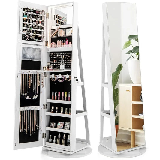 Elegant Jewelry Armoire with Full-Length Mirror – 360° Swivel, Rear Storage Shelves, Lockable with Interior Vanity Mirror