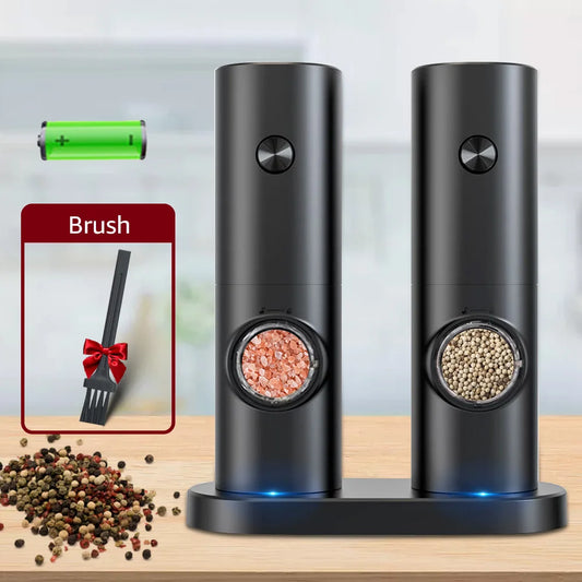 Electric Automatic Mill Pepper and Salt Grinder Set – Battery-Powered with LED Light, Adjustable Coarseness, and Stylish Base